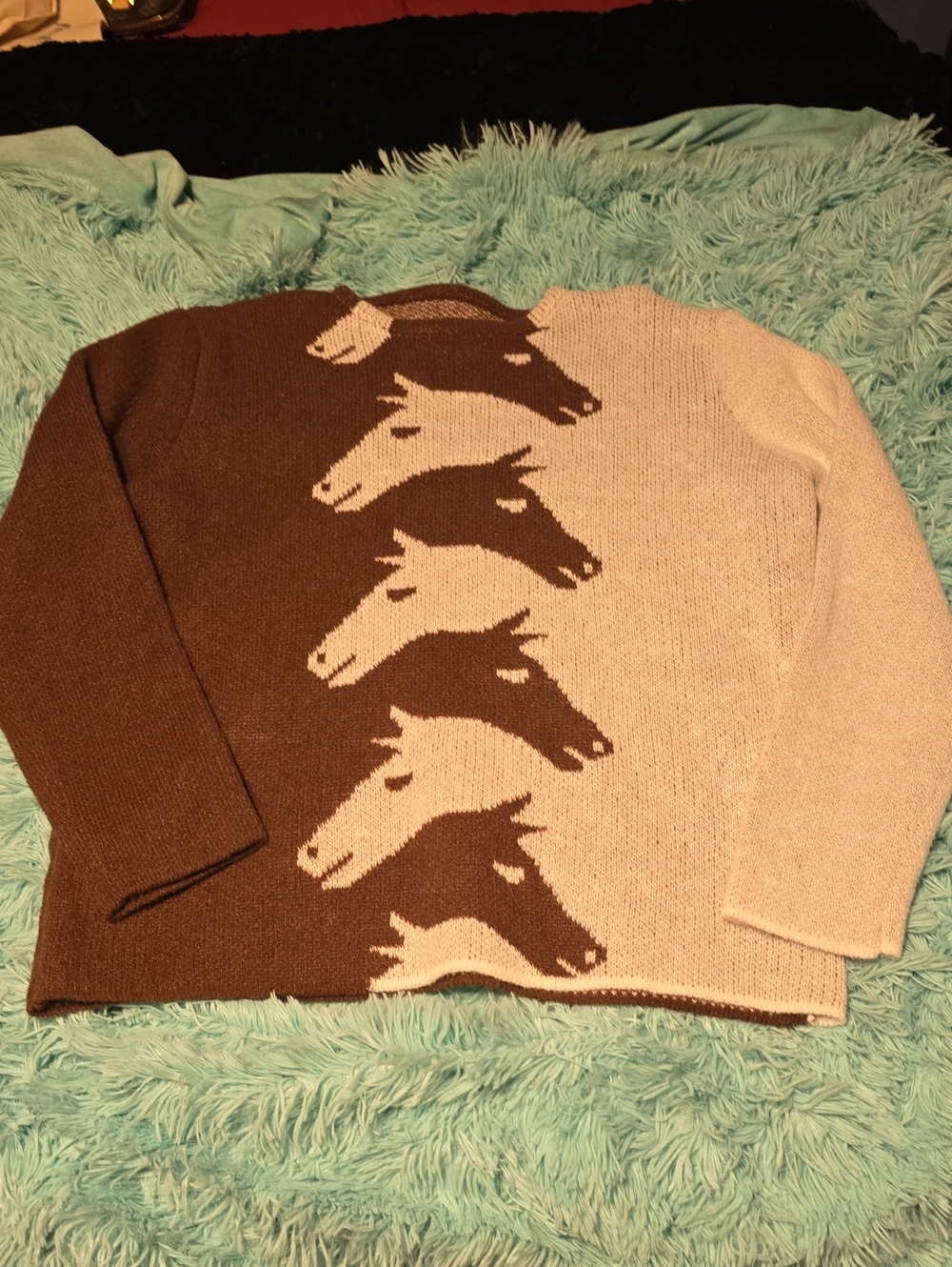 Ladies's Horse-Pattern Crewneck Sweater in Brown and Cream